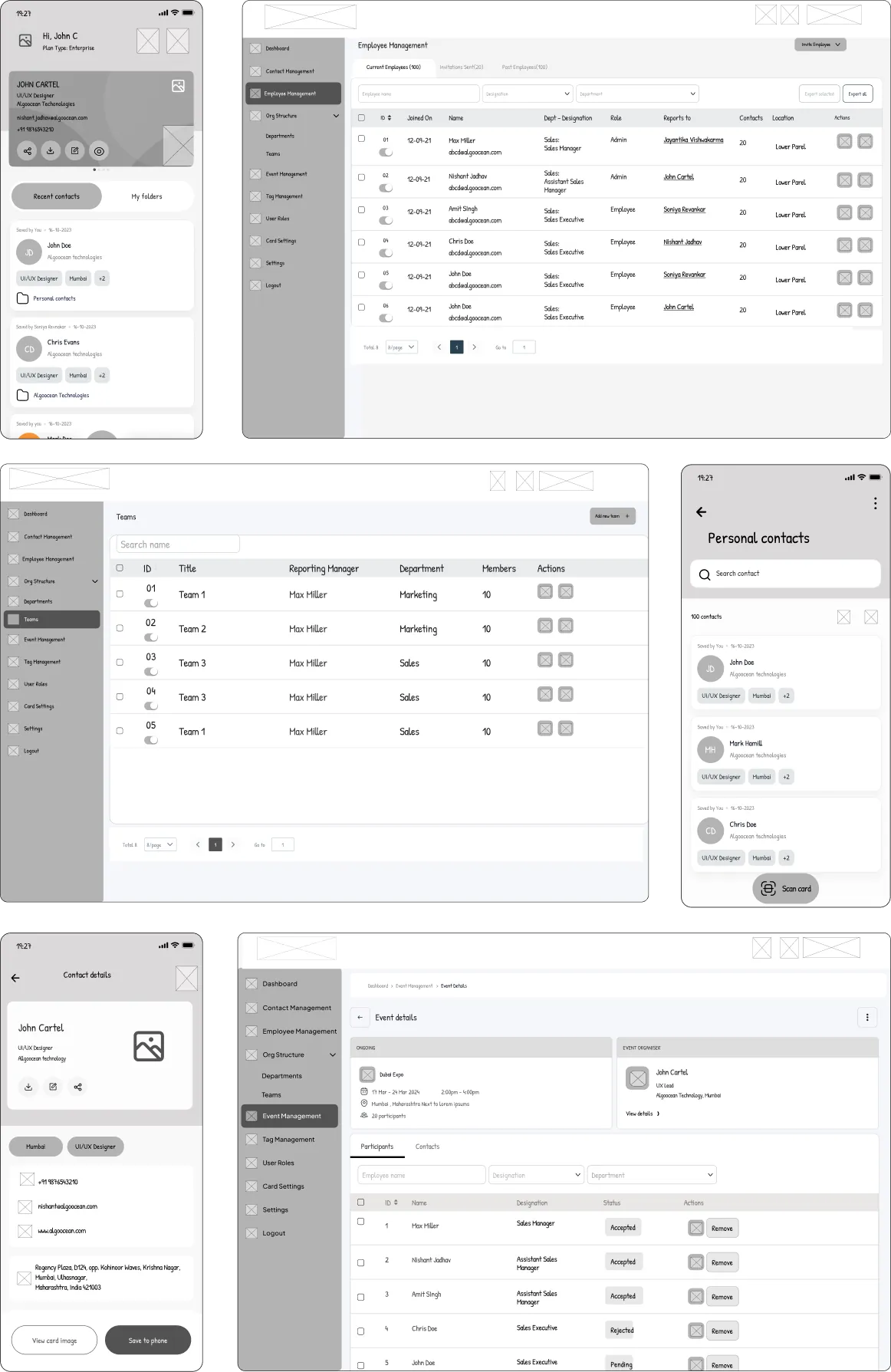 Wireframes showing the user journey designed by Youiocean Contacttree